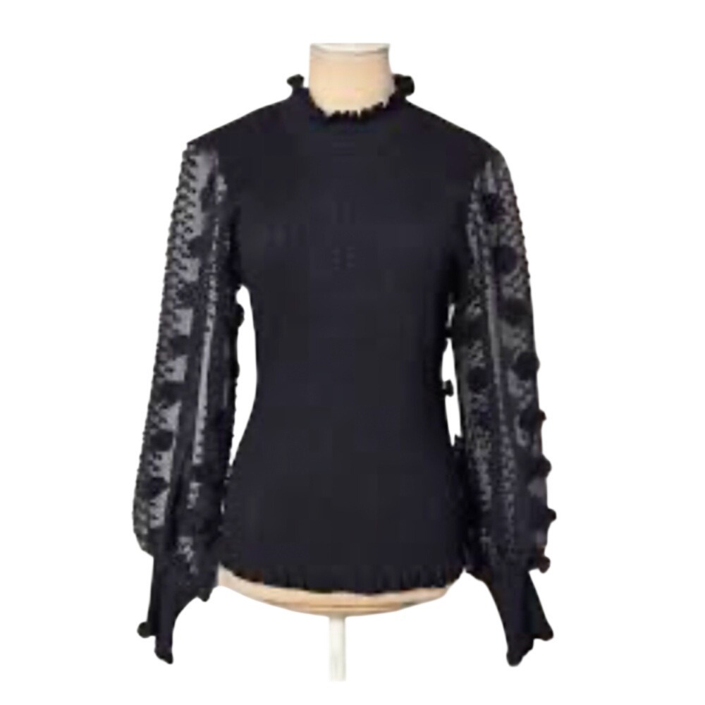 CeCe Ribbed Mock Neck Top Sheer Pom Pom Sleeve Women S Black RAC1770‎